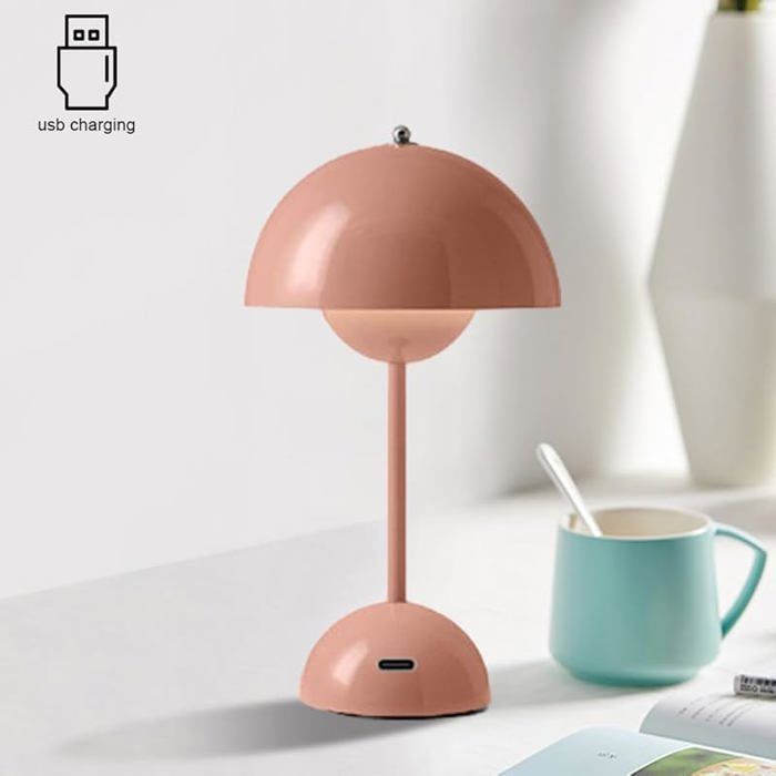 LED Flower Pot Table Lamp, Wireless Rechargeable Bedside Lamp, Dimmable Touch Mushroom Lamps with 3 Brightness Pink
