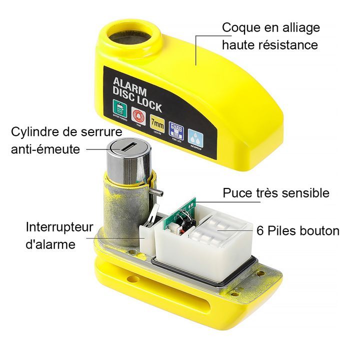 Antivol de frein à disque avec alarme antivol, pour vélos, trottinette électrique, motos, etc., Jaune (Corde de sécurité incluse)