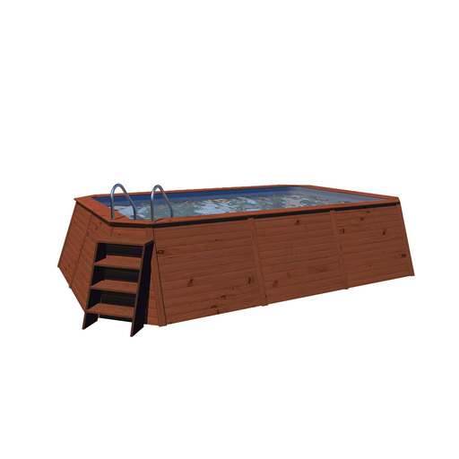 Piscina de madeira com painéis K2o, 490x293x110 cm, com filtro de areia de 3.028 L/h e escada.