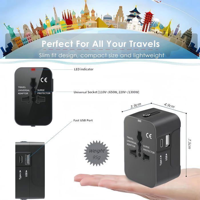 Universal global travel adapter wall charger with USB-C and USB charging ports for USA, EU, UK, and Australia