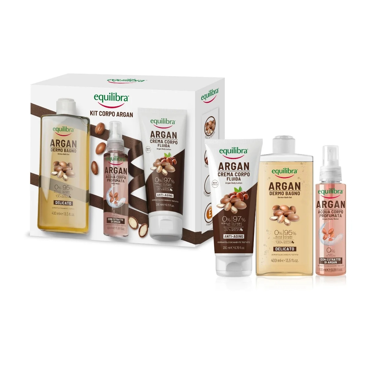 EQUILIBRA Coffret corps Equilibra Argan Dermo Bain délicat 400 ml + eau de bain parfumée 100 ml + crème corporelle régénérante 200 ml