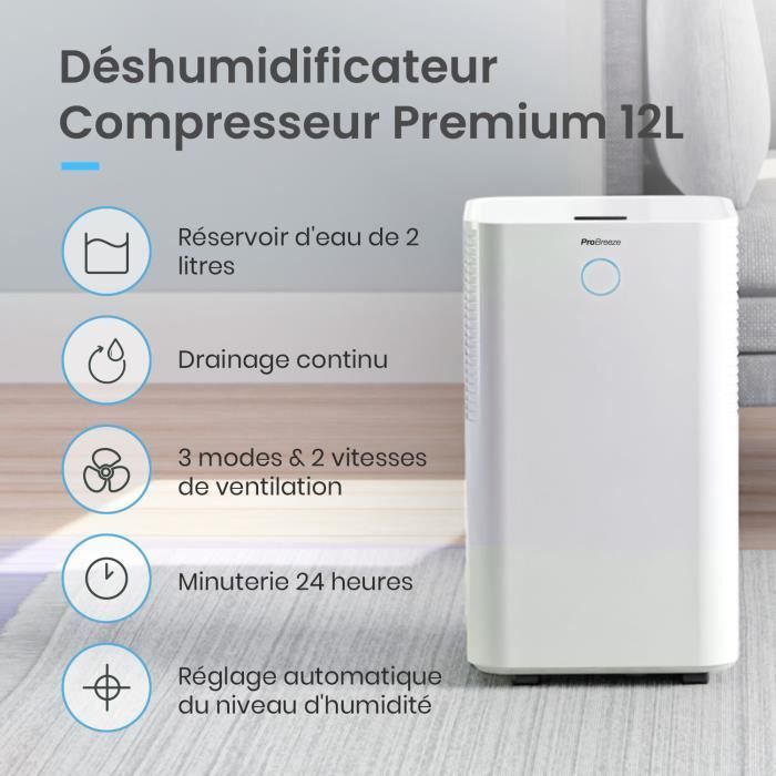Deshumidificador compresor Pro Breeze de 12 L/día con sensor de humedad automático, drenaje continuo, modo nocturno y temporizador de 24 horas.