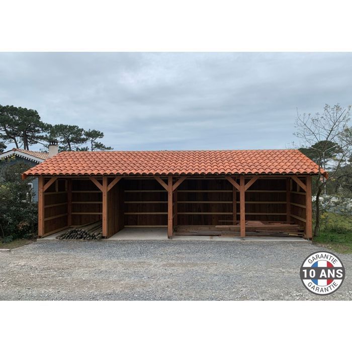 Carport aus französischer Douglasie, 46 m² – Pultdach – 10 Pfosten – Unterstand für 4 Fahrzeuge – 10 Jahre Garantie