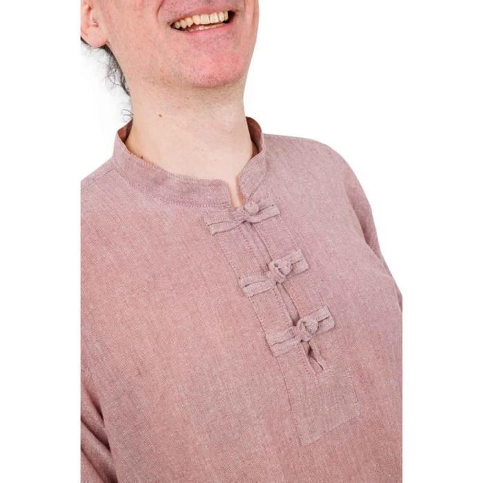 Chemise ethnique homme - FANTAZIA - Kikori - 100% coton khadar - Col mao - Marron doux chiné blanc