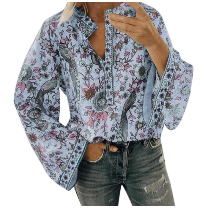 Chemisier bohème femme à imprimé floral paon, manches longues, col V, coupe décontractée, taille 2XL, idéal pour l'été et l'automne.