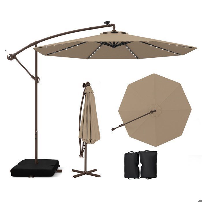 COSTWAY Parasol Déporté 3M avec 40 Lumières LED Panneau Solaire 6 Heures,Base Croisée Sac de Sable Tissu en Polyester UV 20+ Marron