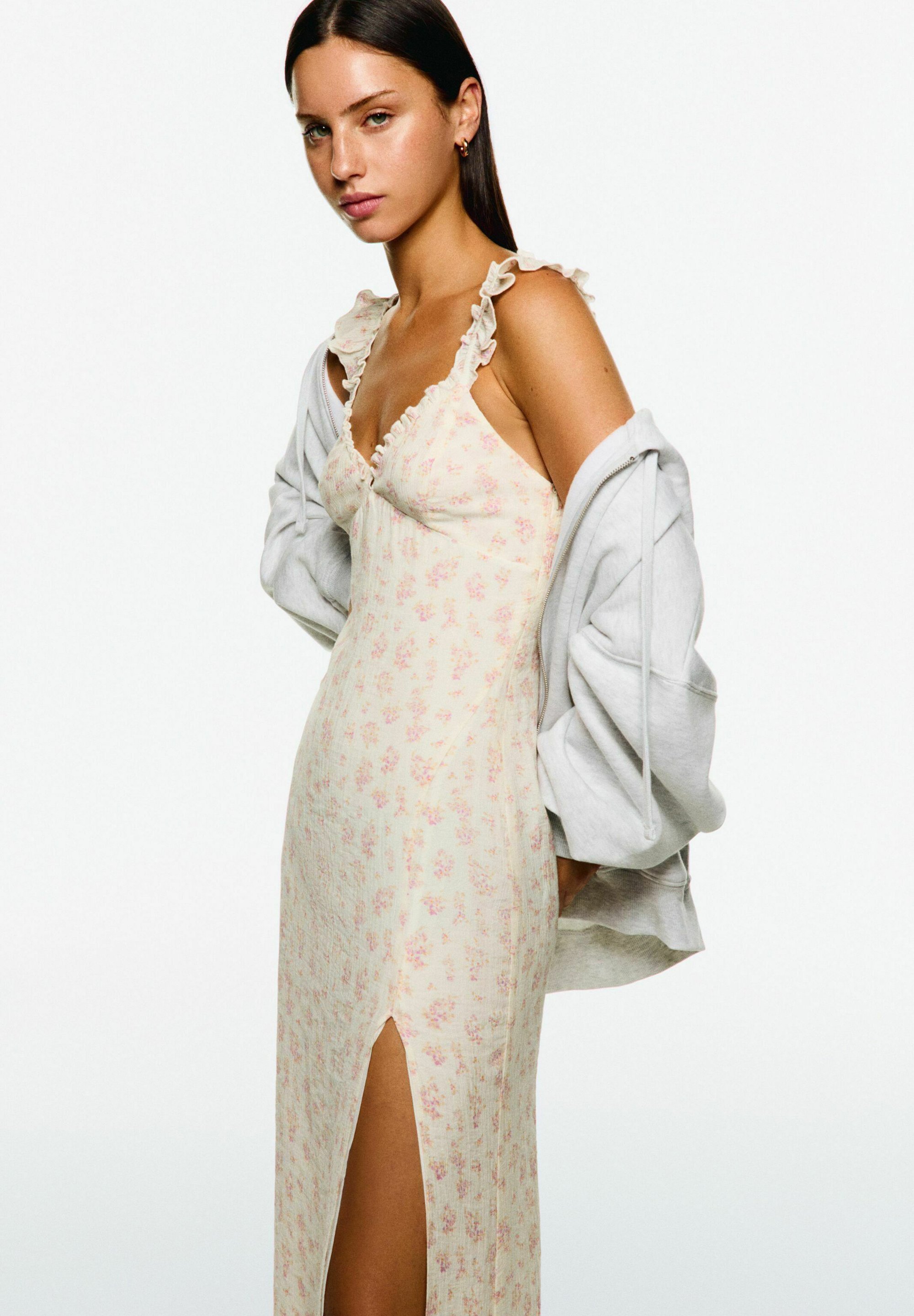 Bershka getextureerde en bedrukte midi-jurk - dagjurk - beige