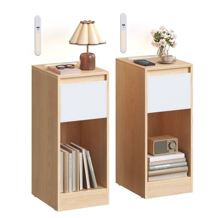 Lot de 2, Table de Chevet Étroite, avec Éclairage LED, 1 Port USB-A, 1 Port USB-C, Tiroirs et Compartiments Ouverts, Jaune et Blanc
