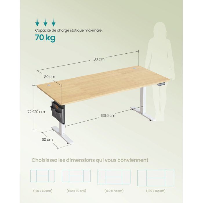 Escritorio eléctrico ajustable - SONGMICS - 180x80 cm - 4 niveles de altura - USB-C - Roble dorado