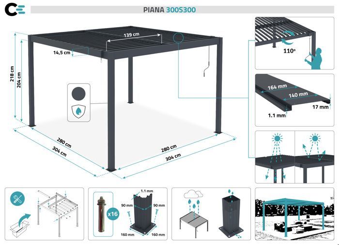 Pérgola bioclimática independente PIANA Cazeboo, 3x3 m, alumínio cinza antracite, venezianas de aço ajustáveis.