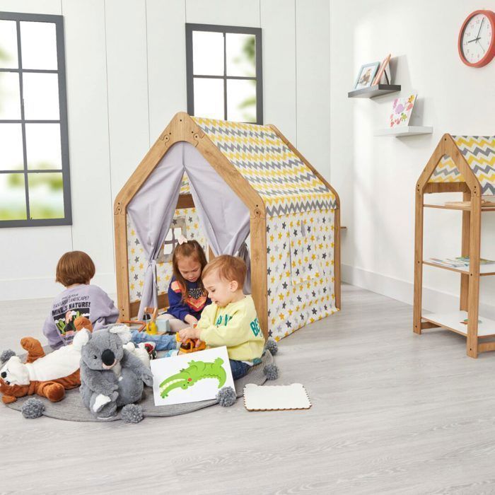 Cozy Kids - Wooden Children's Playhouse with Fabric Tent - Yellow and Grey Indoor Montessori Play House