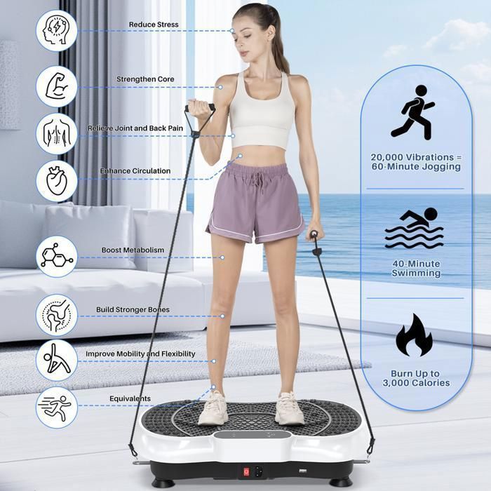 Plataforma vibratoria BIGZZIA, altavoces Bluetooth y cordón ajustable, 99 niveles, pantalla táctil LED, cuerda para saltar, color blanco.