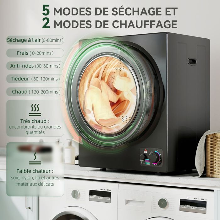 Sèche-linge à évacuation - HOMCOM - 850 W, capacité 2,5 Kg, 4 modes de séchage - cuve en acier inoxydable - 49x40,5x60cm - noir
