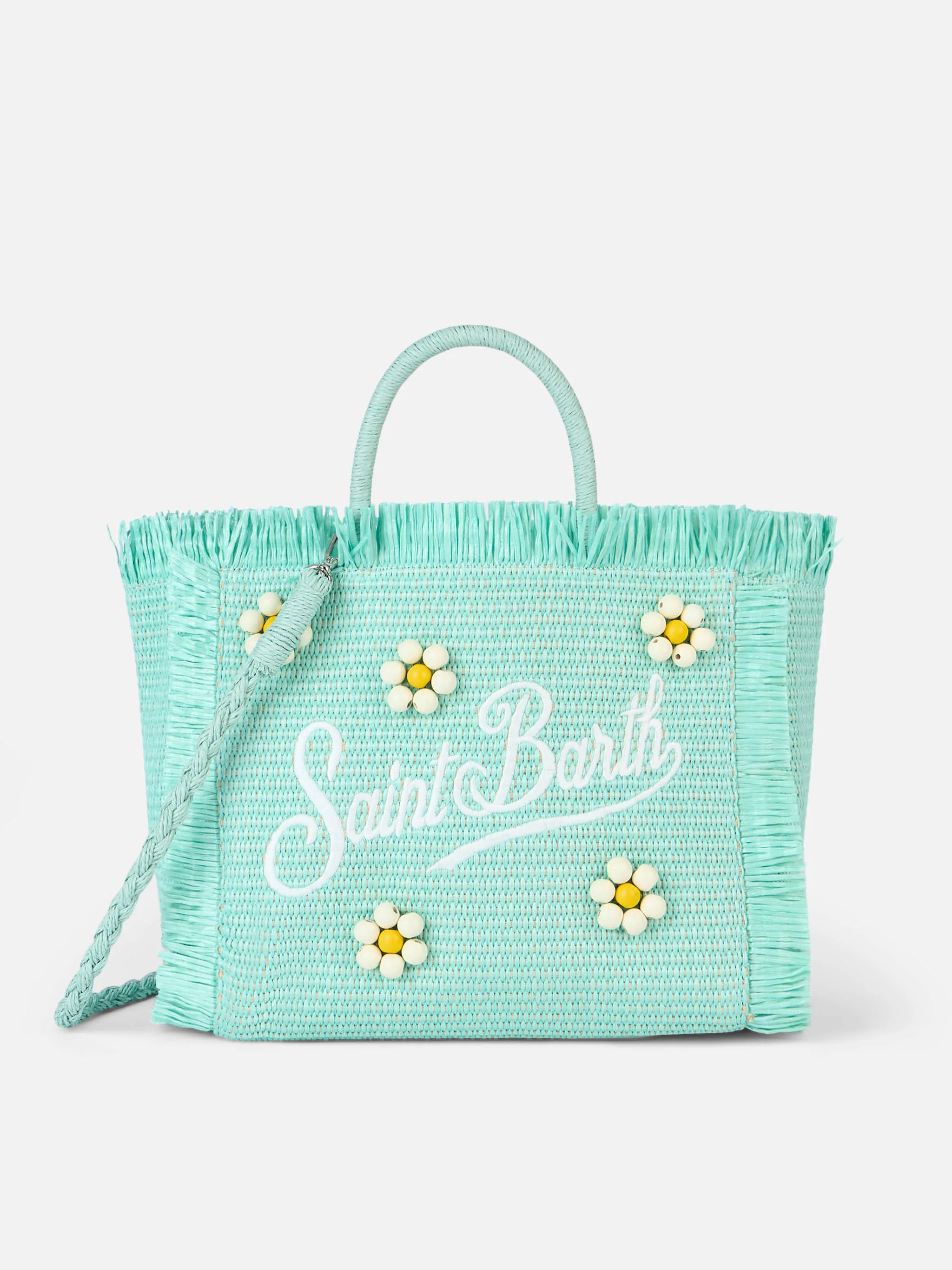 Colette rieten handtas in watergroen | Logo-borduurwerk | Witte en gele houten kralen in de vorm van bloemen, ritssluiting, afneembare schouderband | MC2 Saint Barth