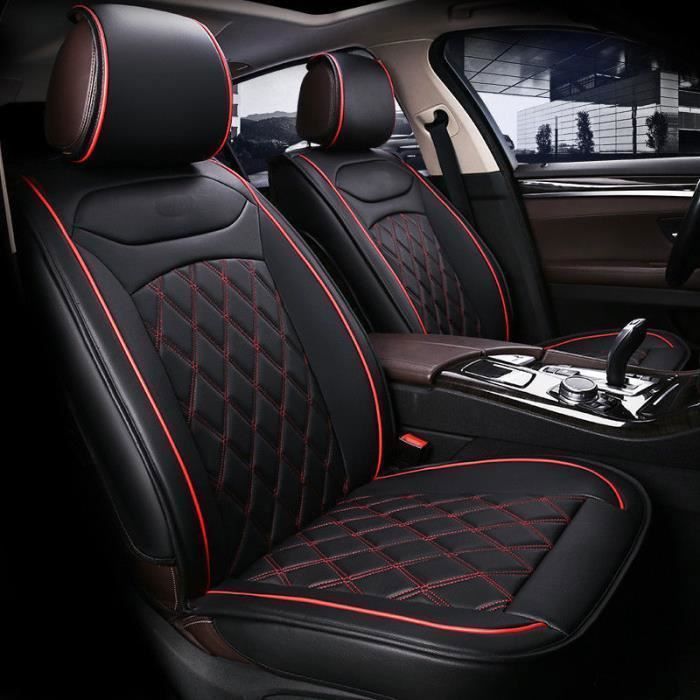 2 fundas universales de lujo para asientos delanteros de coche (1+1), de piel sintética negra con costuras rojas en forma de diamante.