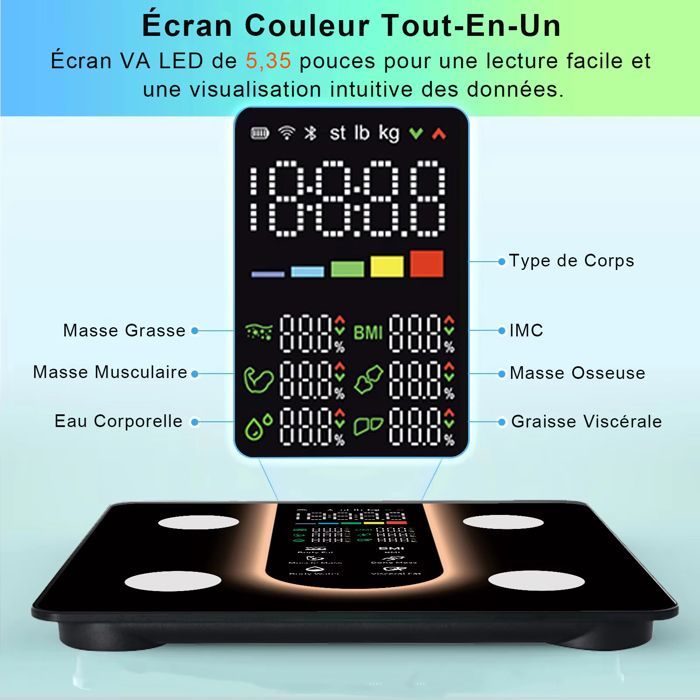 Balance Connectée, Pèse Personne 25 Indicateurs Corps, Écran VA Couleur, Multi-Utilisateurs, Compatible Android & iOS, Max. 180kg