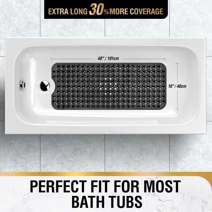 Tappetino antiscivolo da bagno, 101 x 40 cm, extra lungo, resistente alla muffa, nero.