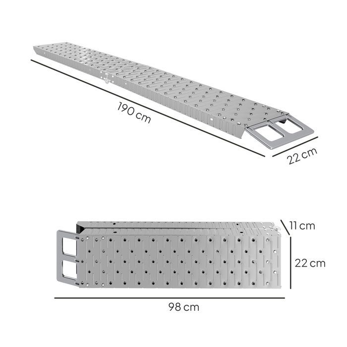 Rampa de carga plegable para motocicletas, capacidad de 230 kg, acero galvanizado, correas de seguridad, 190 × 22 × 8 cm, color plata.