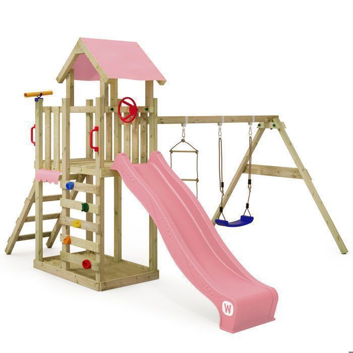 WICKEY MultiFlyer Light houten speeltoren met schommel, touwladder en glijbaan, 220 cm, pastelroze – 10 jaar garantie*