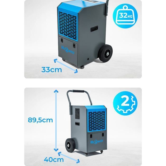 Deumidificatore industriale HEXWELT da 650 W, capacità 50 l/24 ore, ideale per cantieri edili.