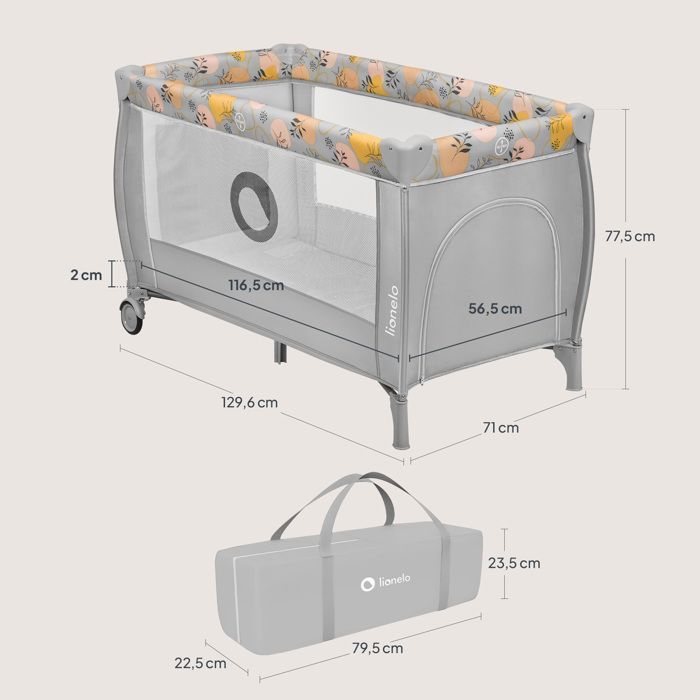 Cuna de viaje compacta 2 en 1 LIONELO Stefi Plus - Parque infantil - Colchón de alta densidad - 0-36 meses - 2 ruedas - Gris/Multicolor