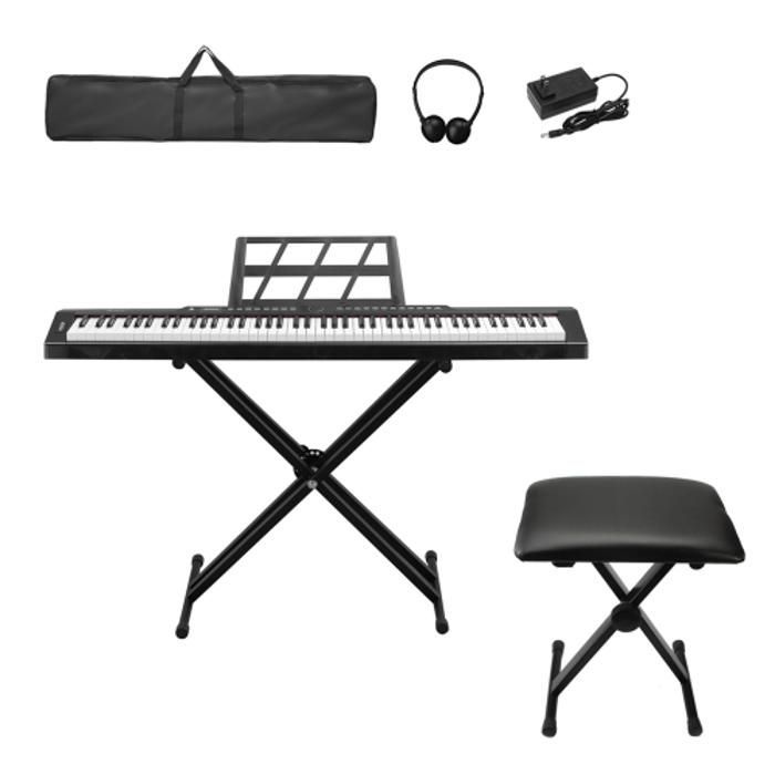 PIANO PACK - Pianoforte a 88 tasti con supporto, panca, cuffie, borsa 420D, per appassionati di pianoforte, nero