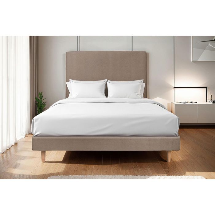 Base de cama estofada em veludo taupe, 160x200 x 29 cm, Lead Sleep - Base de cama em madeira maciça com pés cônicos de madeira de 15 cm.