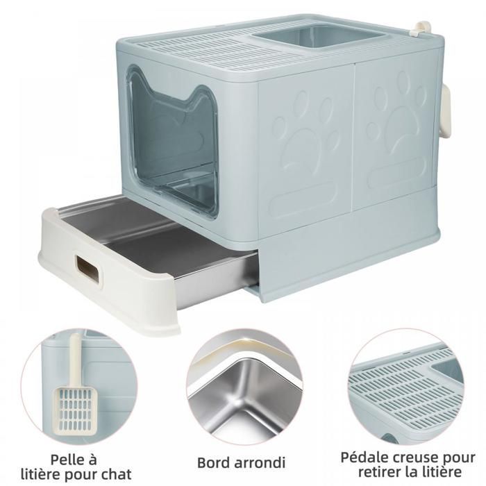 SUPFINE Bac à Litière pour Chat avec 2 Portes, Maison de Toilette Pliable pour Chat avec Couvercle et Tiroir, 41 × 51 × 38 cm