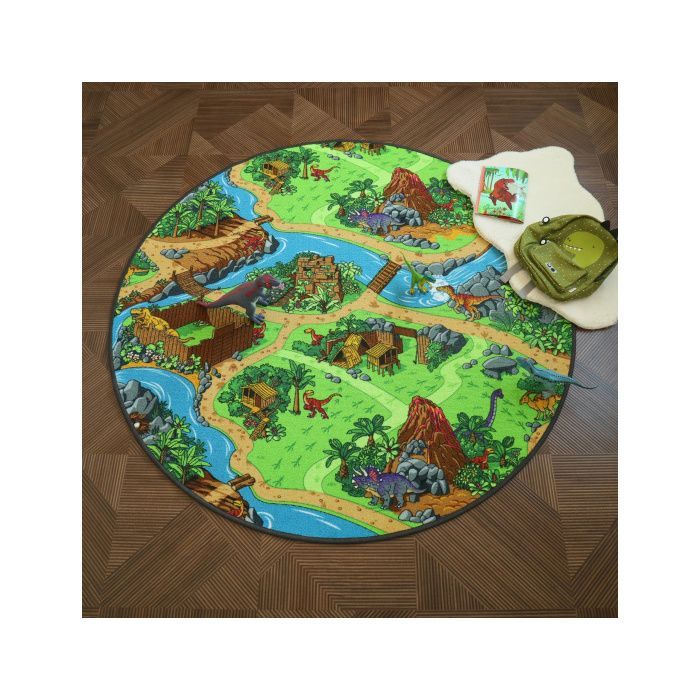 Tapis rond de jeu enfant - Circuit de voiture - Volcans et dinosaures - Ø 150 cm