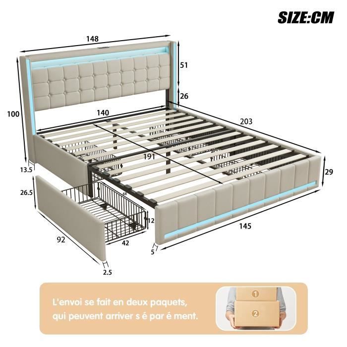 Letto 140x190 cm con contenitore - PERGAR - Imbottito - Illuminazione LED regolabile - 4 cassetti - Schienale morbido