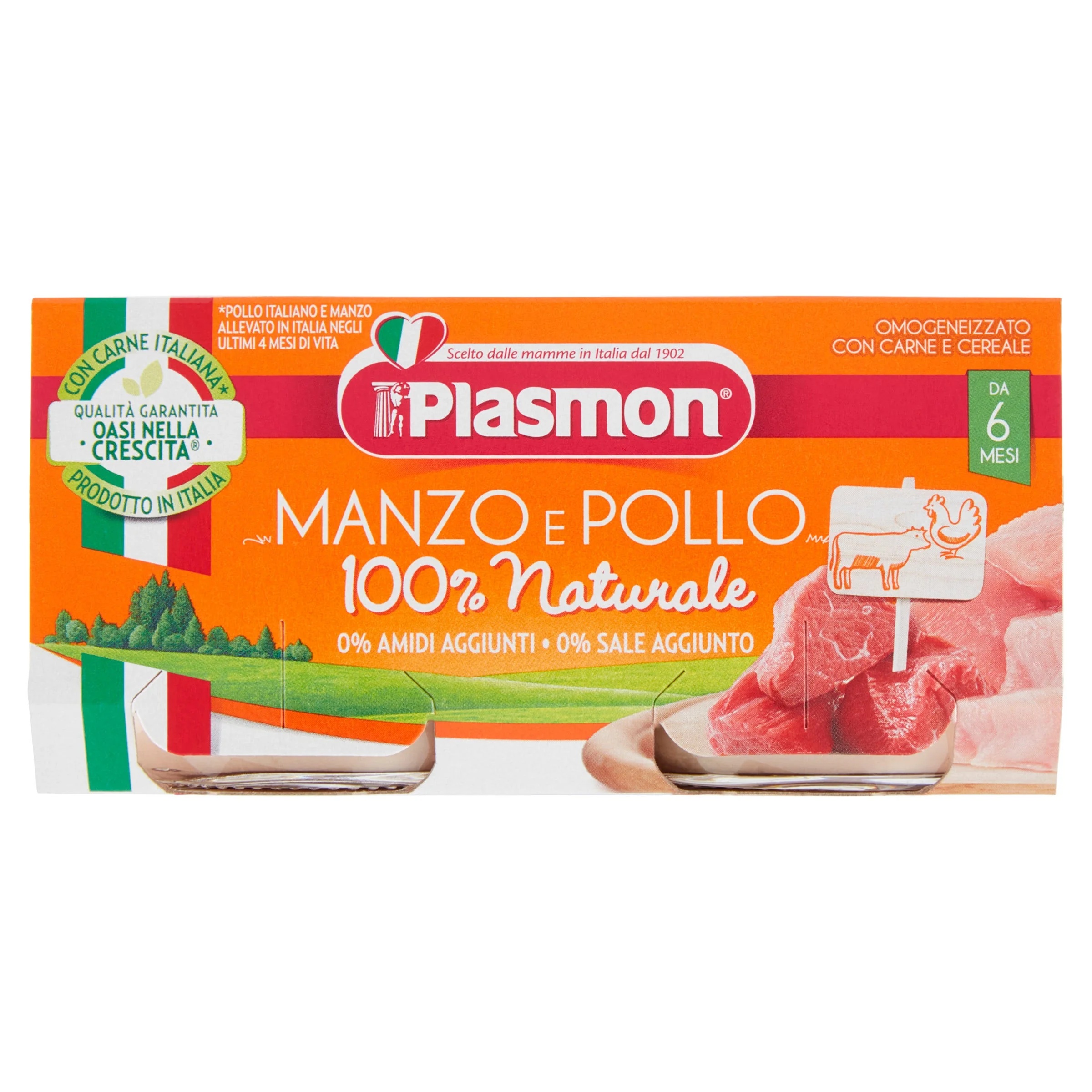 Plasmon Purê de frango e carne bovina homogeneizado Plasmon, 2 potes de 80 g. Alimento para bebês.