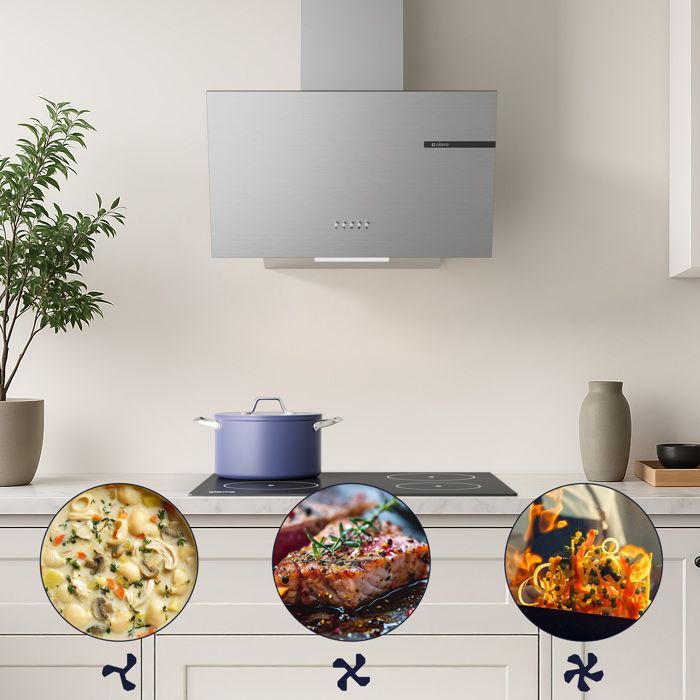 CIARRA 60cm afzuigkap, 580m³/h, energielabel A+, 3 snelheden, recirculatie of afzuiging, met 2 actieve filters, hoekige roestvrijstalen afzuigkap CD6765AS