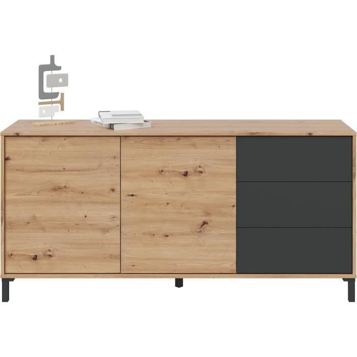Buffet 2 portes 3 tiroirs - Panneaux de particules mélaminé - Chêne et noir - BROOKLYN L 154 cm x  P 41 cm x H 74 cm