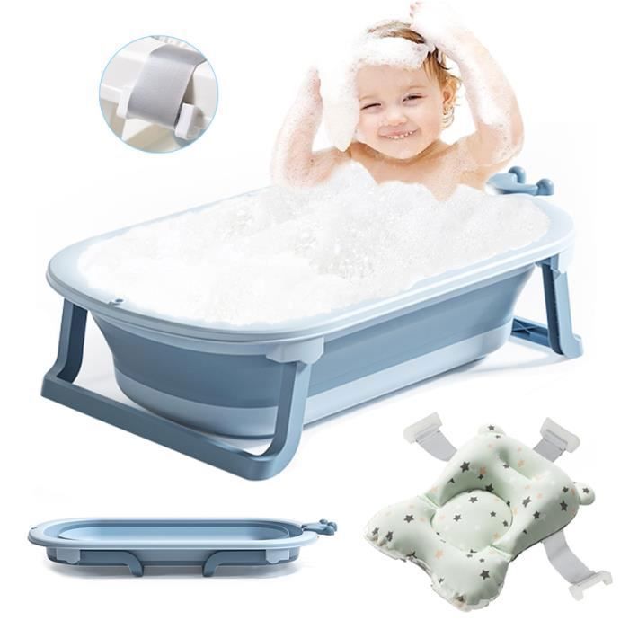 Baignoire Bébé Couronne Pliante pour 0-6 ans bébé avec Tapis de Bain Détachable - 36L/Bouchon de Vidange/TPE Coussin Antidérapant