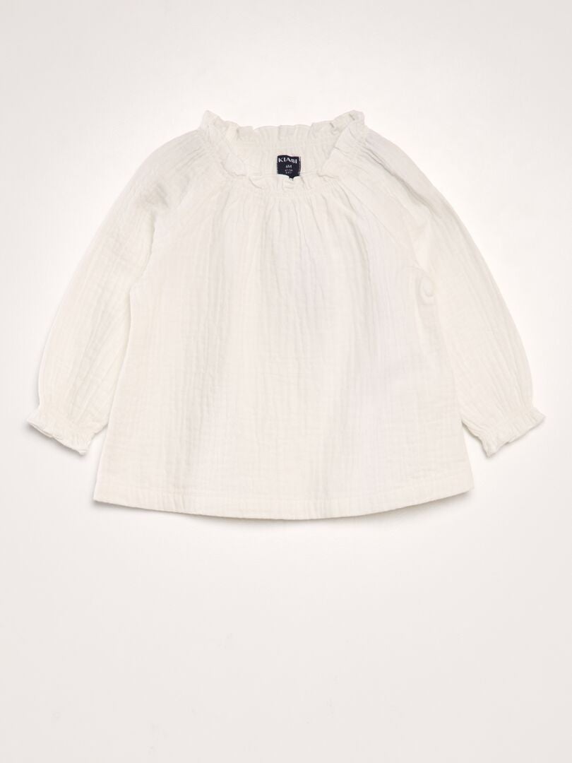 Blouse met lange mouwen en rucheskraag - WIT