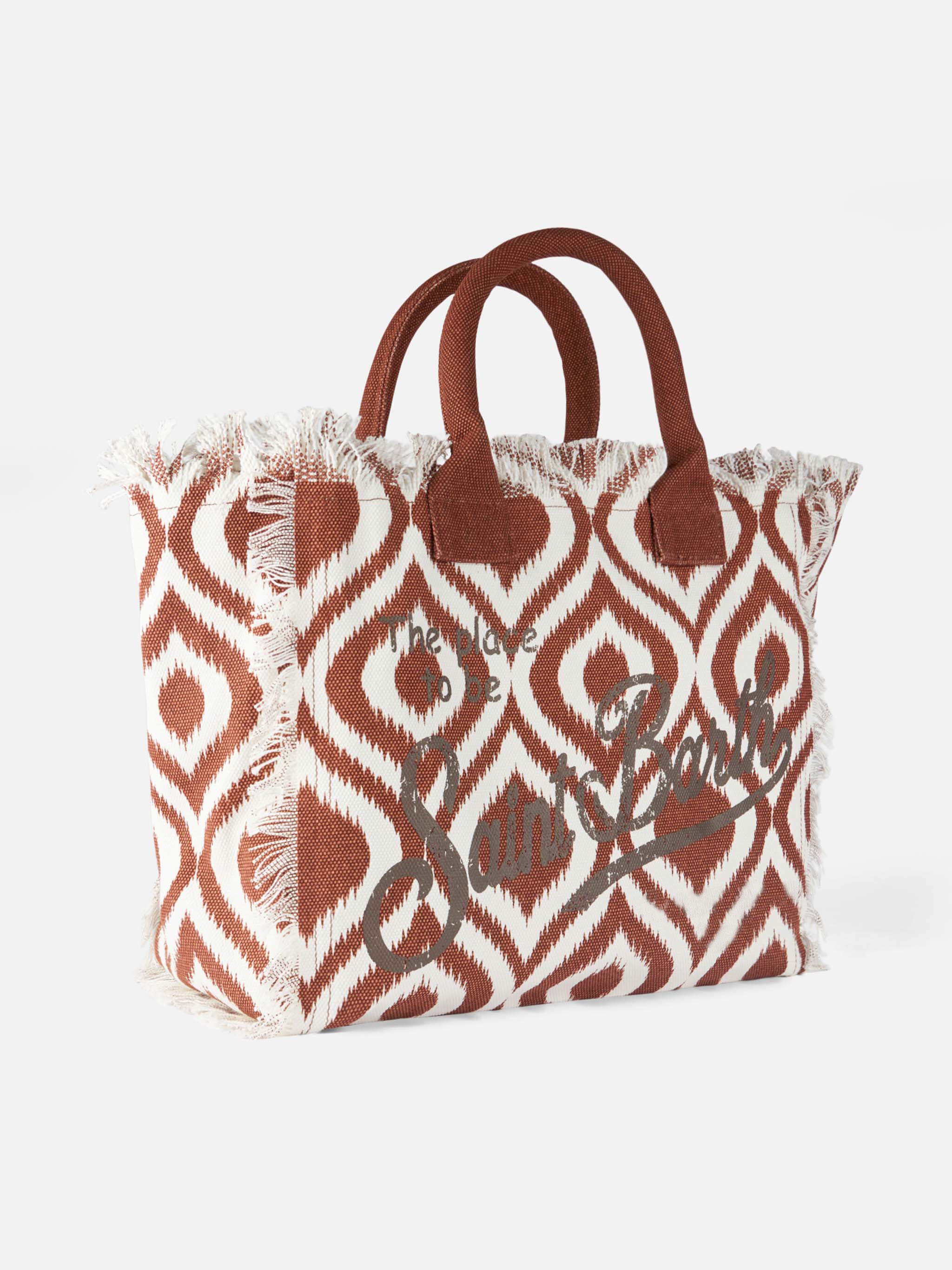 Bolso tote de hombro Vanity Canvas con estampado ikat integral en marrón y blanco | Logotipo estampado, bolsillo interior con cremallera | 100 % algodón | MC2 Saint Barth