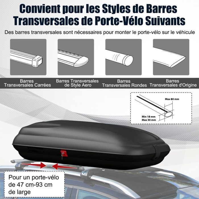 Cofre de techo rígido para coche COSTWAY - Llaves, correas, apertura lateral, impermeable, para coches con barras de techo, 250 L, negro
