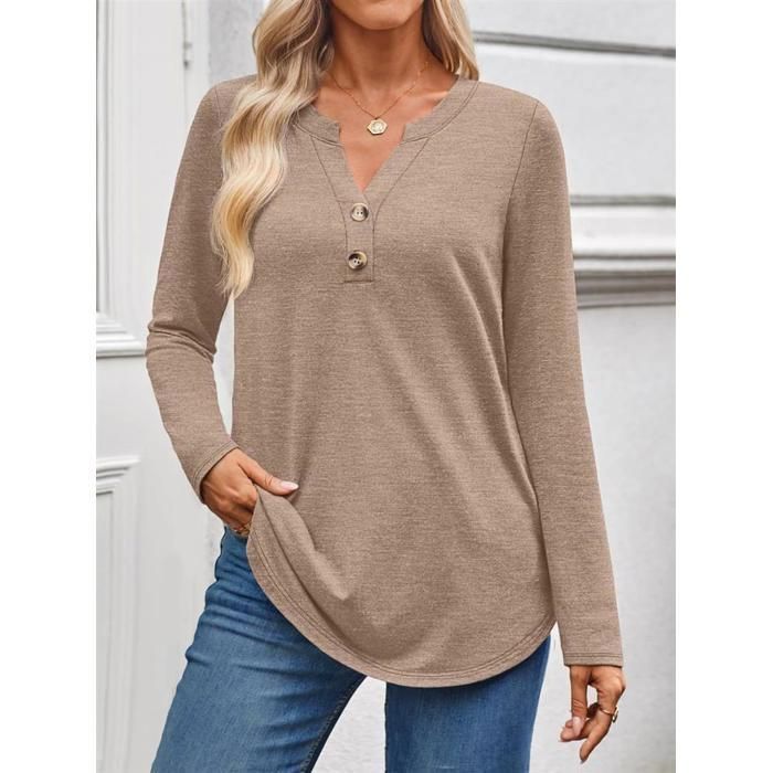 T-shirt da donna a maniche lunghe, primavera, scollo a V, casual, grigia
