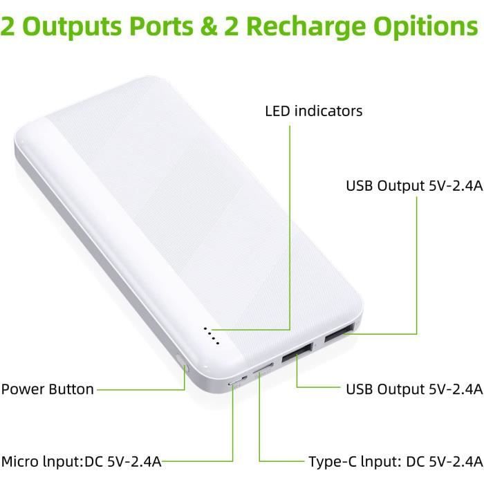 External Battery, 10000mAh Power Bank with 2 Output Ports, Compatible with iPhone 14 13 12 11 X Samsung Xiaomi Huawei iPad etc