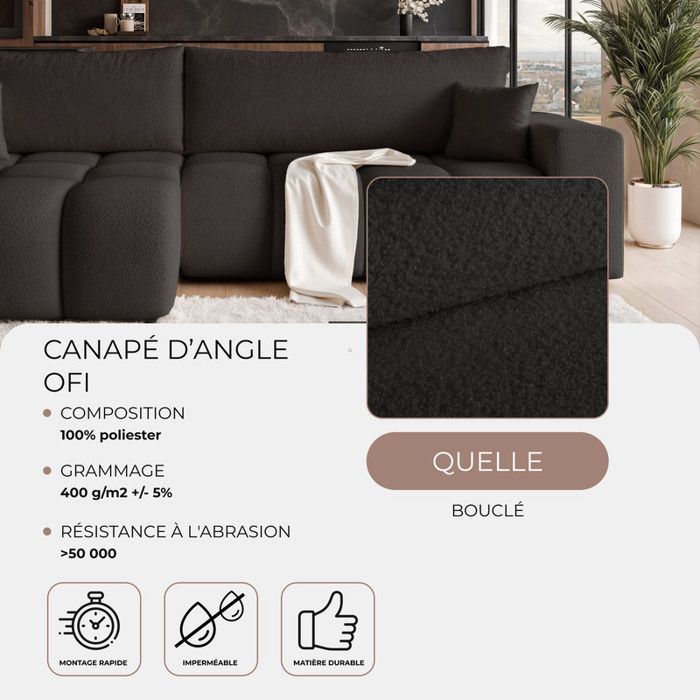 Divano angolare reversibile OFI - 5 posti - Divano trasformabile con contenitore - Tessuto morbido al tatto - Antracite