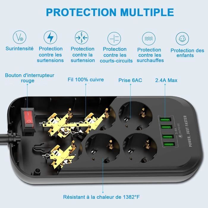 Multiprise Electrique USB - AUDBURN - 6 Prises - 4 Ports USB - Protection Contre Les Surtensions