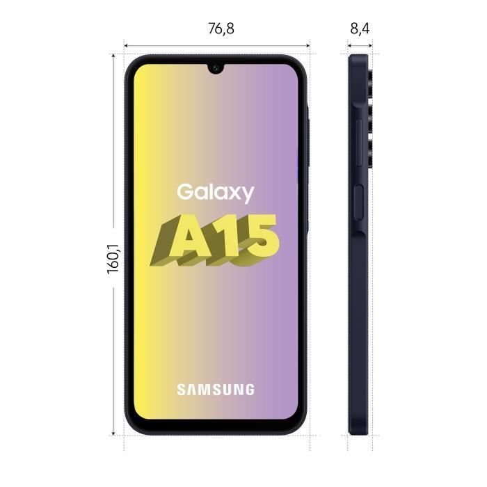 Smartphone Samsung Galaxy A15 4G de 128 GB, color azul medianoche.