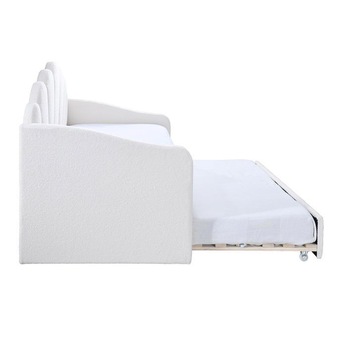 QUEEN - Trundle bed in off-white bouclé fabric, 90x190 cm