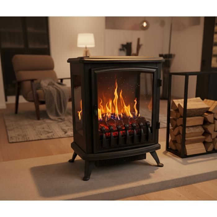 CHEMIN'ARTE - Fire Glass Zwarte elektrische haard met 3D-vlameffect, verwarming, onderhoudsvrij