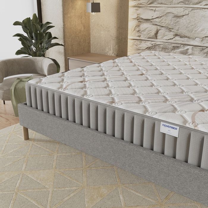 Colchón + Base de cama (160 x 200 cm) - Colchón de látex natural Sirius de 22 cm + Base de cama de madera estable y robusta, funda de tela gris
