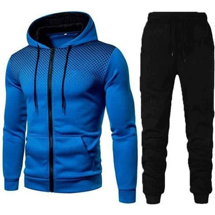 2021 New Men's Long Sleeve Tracksuit Set Jogging Sport Casual Clothing Hoodie and Pants Blue