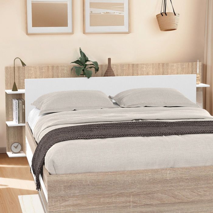 IDMARKET Tête de lit sur pied CIRI pour lit 140 et 160 cm avec rangements blanc et bois