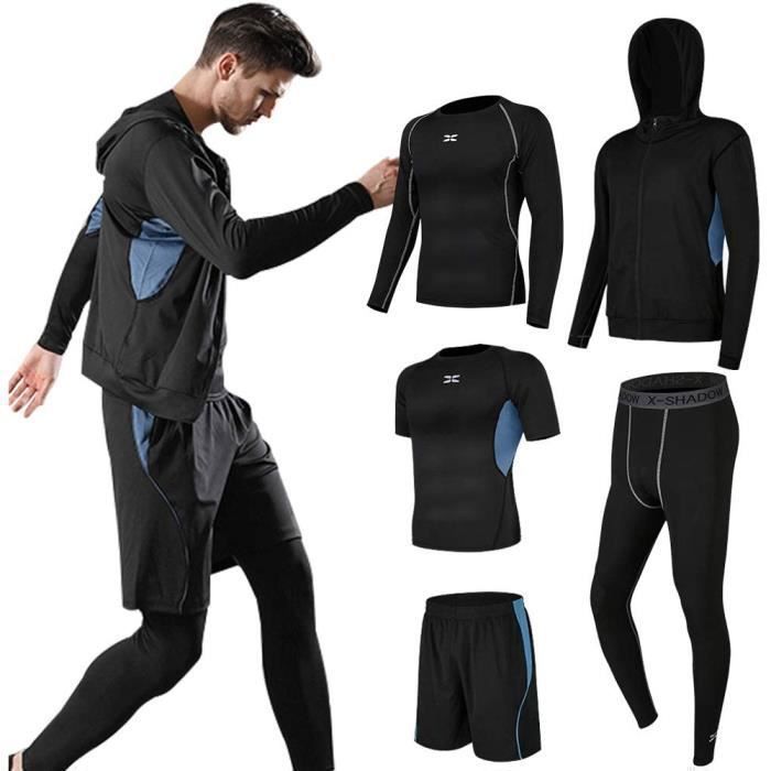 Conjunto de ropa deportiva de 5 piezas para hombre, de secado rápido y transpirable, ideal para correr, color azul.