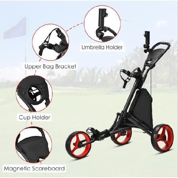 GYMAX 3-Wheel Folding Aluminum Golf Trolley with Adjustable Handle, Rear Wheel with Brake and Umbrella Holder, Red
