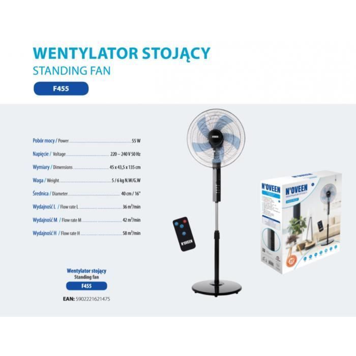 Ventilateur sur pied - F455 Pilot - Ultra silencieux - Timer 7,5 h - 3 vitesses - 90° d'oscillation